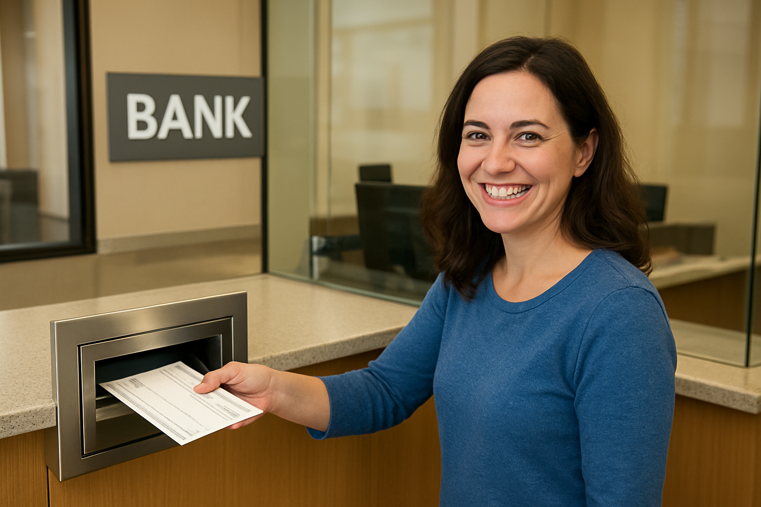 Happy woman at bank depositing cash check from home sale